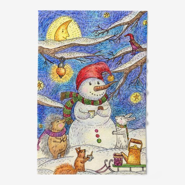 Полотенце «Чаепитие веселого снеговика и милых животных»