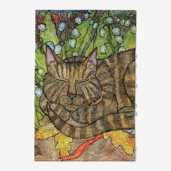 Полотенце «Кошка и цветы ландыши»