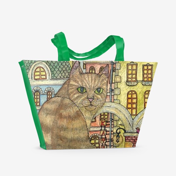 Пляжная сумка «Кот и осень в старом городе»