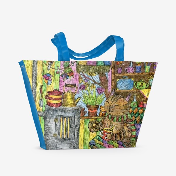 Пляжная сумка «Уютная осень у кота в избушке»