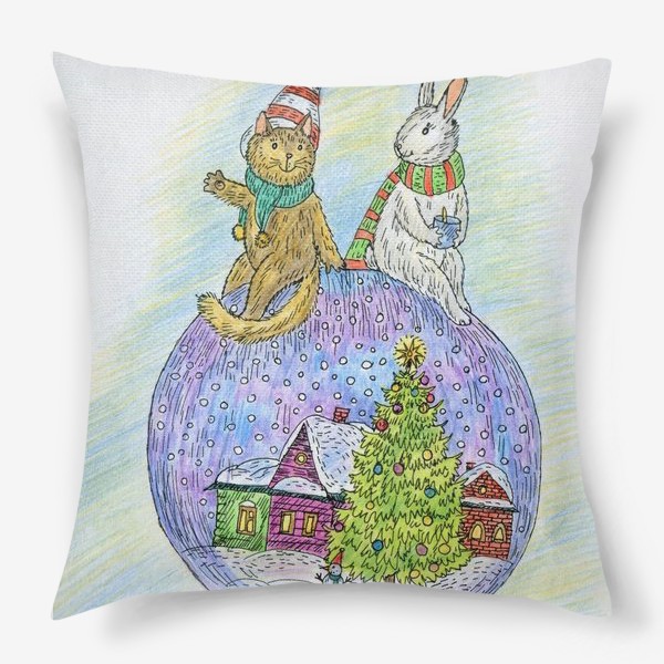 Подушка &laquo;Кот и заяц на новогоднем шаре&raquo;