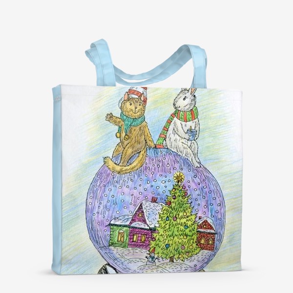 Сумка-шоппер «Кот и заяц на новогоднем шаре»