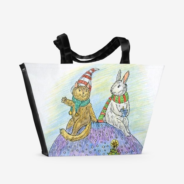 Пляжная сумка &laquo;Кот и заяц на новогоднем шаре&raquo;