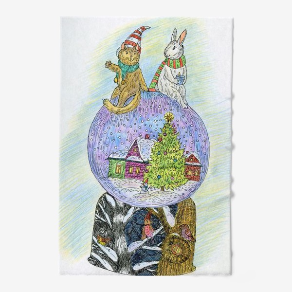 Полотенце &laquo;Кот и заяц на новогоднем шаре&raquo;