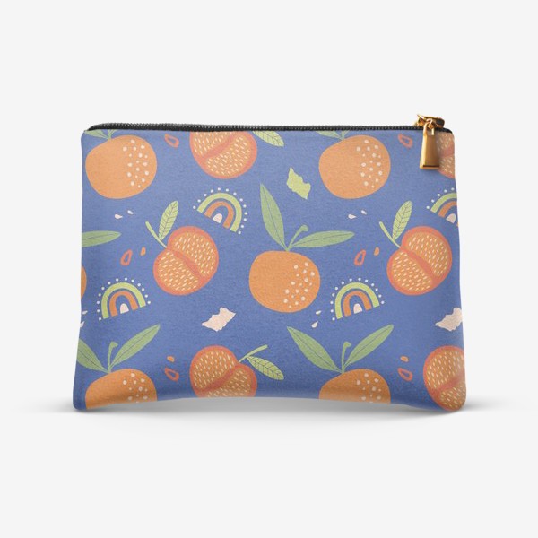 Косметичка «оранжевые мандарины с листьями на синем фоне»