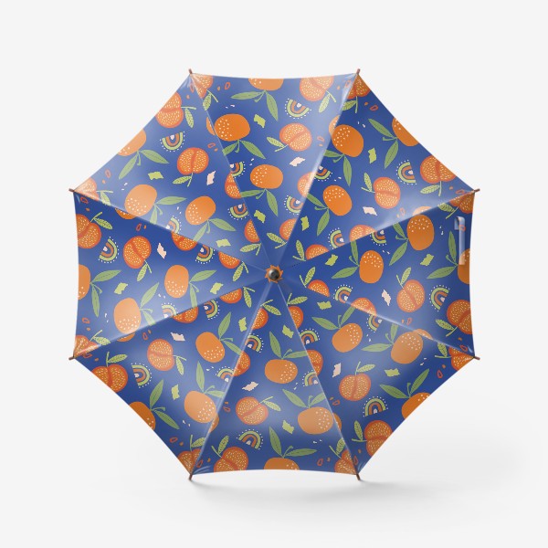 Зонт «оранжевые мандарины с листьями на синем фоне»