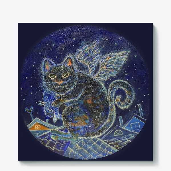 Холст «Крылатые коты Кот с рыбой»