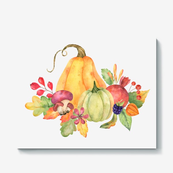 Холст «Autumn composition with pumpkins, berries, mushrooms, pomegranate and leaves»