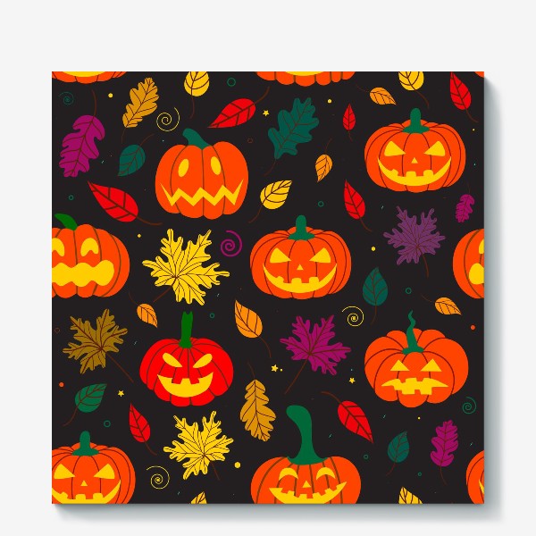 Холст «Оранжевые тыквы и листья на черном фоне Осень. Хэллоуин узор. Тыква-фонарь»
