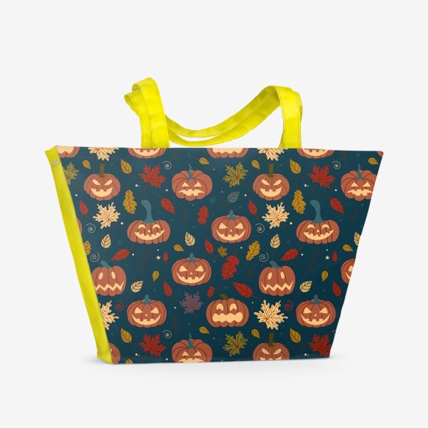 Пляжная сумка «Тыквы и осенние листья на синем фоне Осень. Хэллоуин узор. Тыква-фонарь»