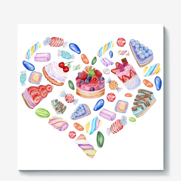 Холст «Акварель Сердце, день Валентина, конфеты, крем, сладости, печенье, пирожное»
