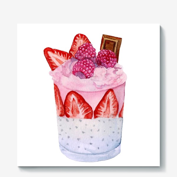 Холст «Акварель Стакан десерт ягоды, шоколад, крем. мороженое»
