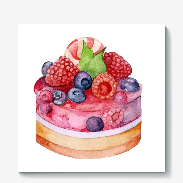 Холст &laquo;Акварель сладкий десерт пирожное с желе и ягодами&raquo;