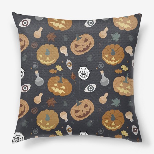 Подушка «Забавные тыквы на черном фоне Осень. Хэллоуин узор. Тыква-фонарь»