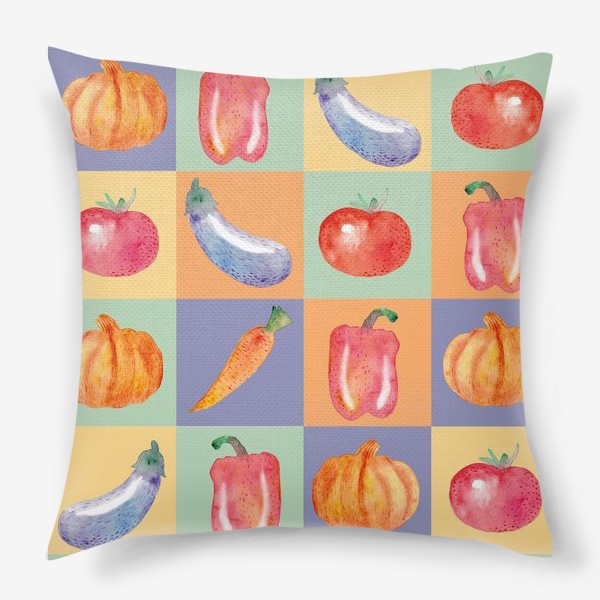 Подушка «Овощи (перец, баклажан, помидор, тыква, морковь), поп-арт»