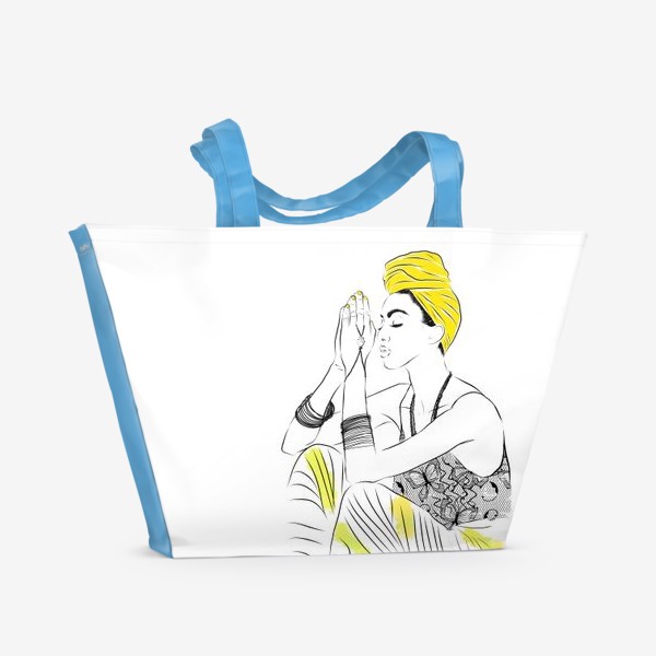 Пляжная сумка «Девушка.Намасте.Браслет.Чурбан жёлтый.Медитация»