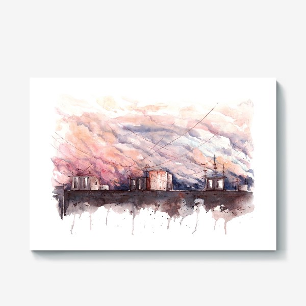 Холст «Розовый закат над крышей города»