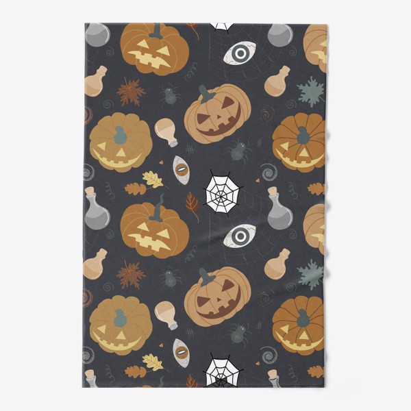 Полотенце «Забавные тыквы на черном фоне Осень. Хэллоуин узор. Тыква-фонарь»
