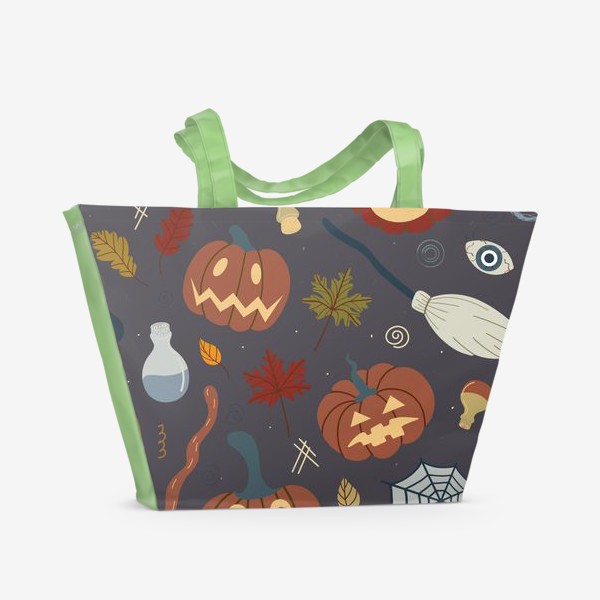 Пляжная сумка «Хэллуин паттерн с тыквами, листьями, метлой, зельями, глазами»