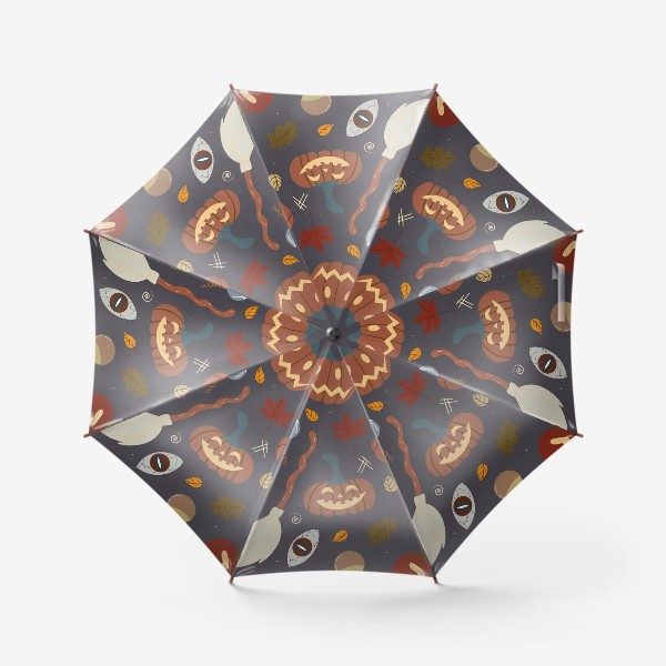 Зонт «Хэллуин паттерн с тыквами, листьями, метлой, зельями, глазами»