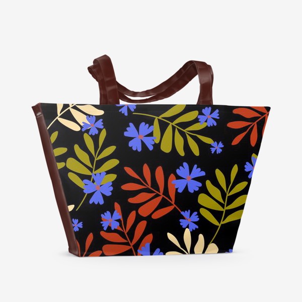 Пляжная сумка «цветы и веточки на чёрном»