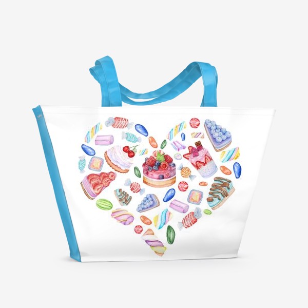 Пляжная сумка «Акварель Сердце, день Валентина, конфеты, крем, сладости, печенье, пирожное»