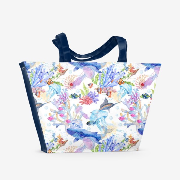 Пляжная сумка «Бесшовный рисунок Акварель Океан кит рыба аквариум океанариум »