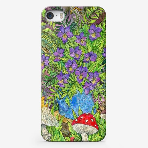 Чехол iPhone «Лесная сказка фиалки, папоротник и грибы»