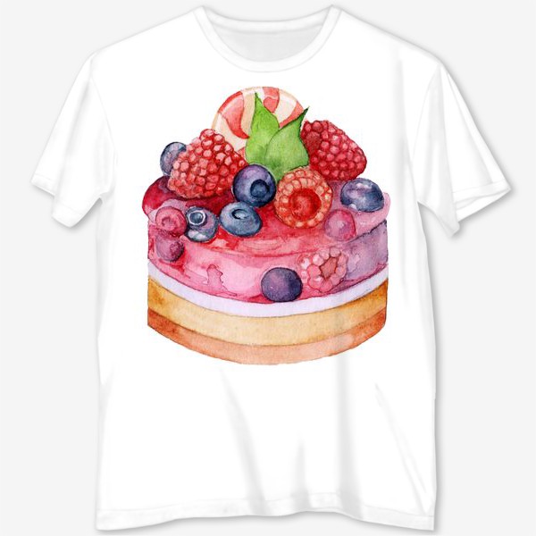 Футболка с полной запечаткой &laquo;Акварель сладкий десерт пирожное с желе и ягодами&raquo;