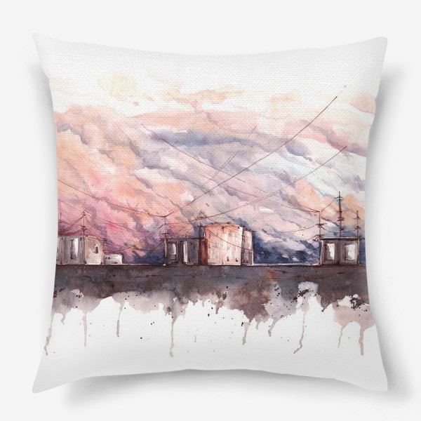 Подушка «Розовый закат над крышей города»