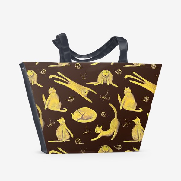Пляжная сумка «Желтые котики на коричневом фоне Паттерн Узор с котами для детей»