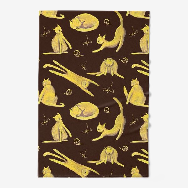 Полотенце «Желтые котики на коричневом фоне Паттерн Узор с котами для детей»