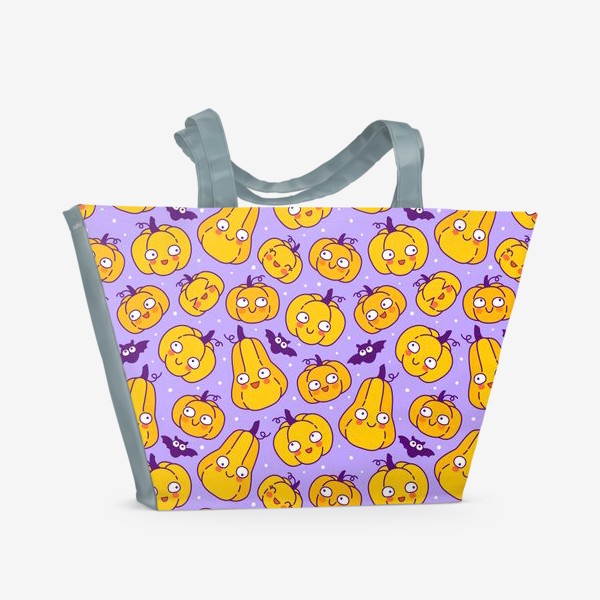 Пляжная сумка «Весёлые тыквы отмечают Хэллоуин на фиолетовом»