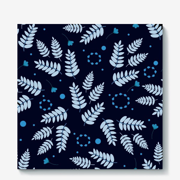 Холст «Зимний узор. Скандинавский  ботанический  узор с голубыми листьями на темно-синем фоне»
