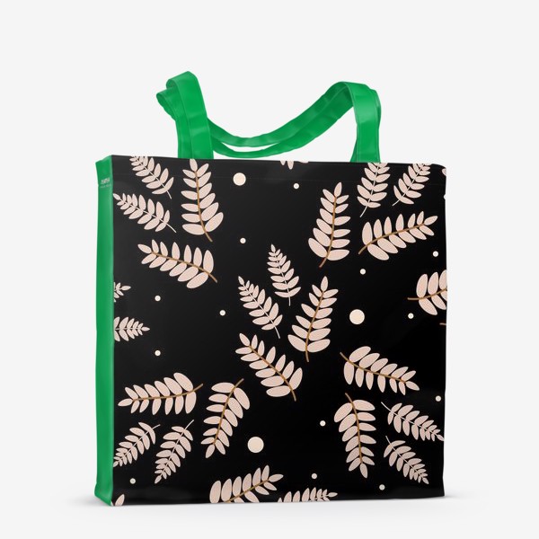 Сумка-шоппер «Ботанический узор с ветками и листьями на черном фоне. Листья в пастельных тонах. Минималистичный узор.»