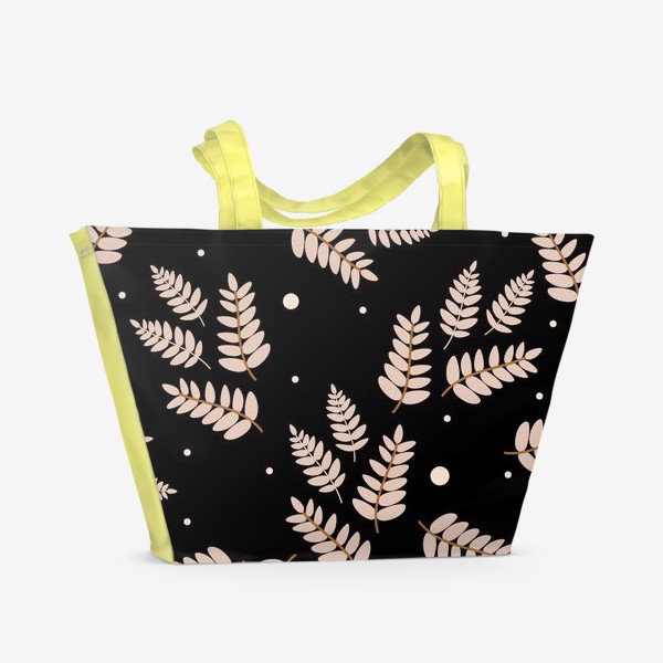 Пляжная сумка «Ботанический узор с ветками и листьями на черном фоне. Листья в пастельных тонах. Минималистичный узор.»