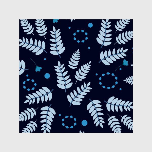 Шторы «Зимний узор. Скандинавский  ботанический  узор с голубыми листьями на темно-синем фоне»
