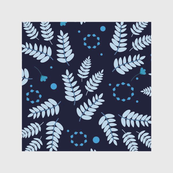 Скатерть «Зимний узор. Скандинавский  ботанический  узор с голубыми листьями на темно-синем фоне»