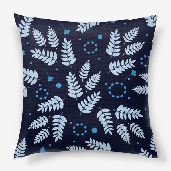 Подушка «Зимний узор. Скандинавский  ботанический  узор с голубыми листьями на темно-синем фоне»