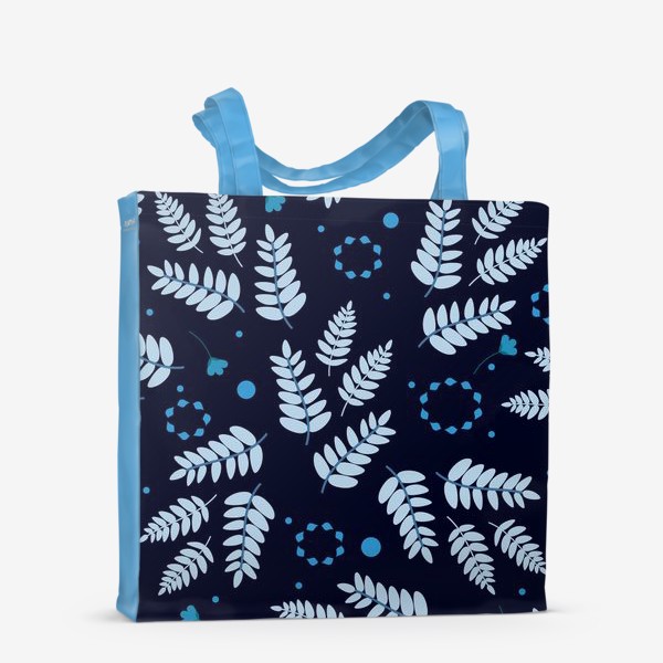 Сумка-шоппер «Зимний узор. Скандинавский  ботанический  узор с голубыми листьями на темно-синем фоне»