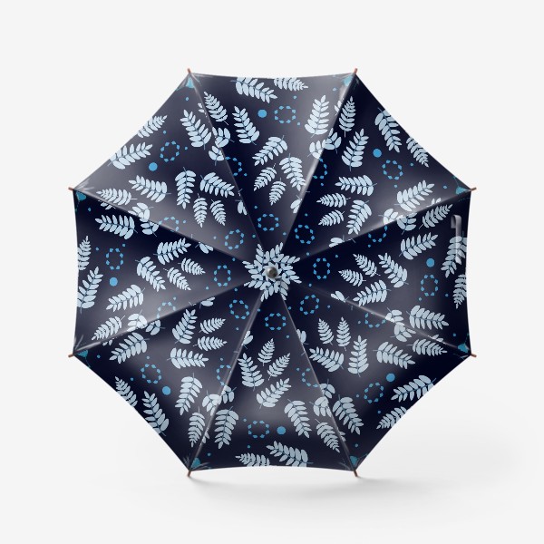 Зонт «Зимний узор. Скандинавский  ботанический  узор с голубыми листьями на темно-синем фоне»