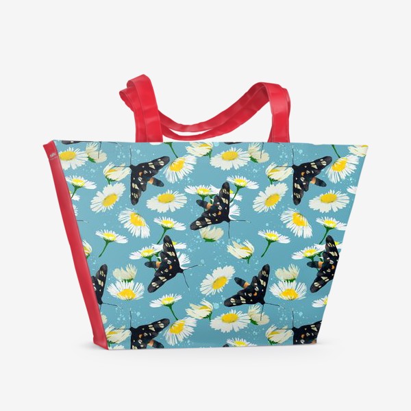 Пляжная сумка «Бабочки и ромашки на голубом фоне»