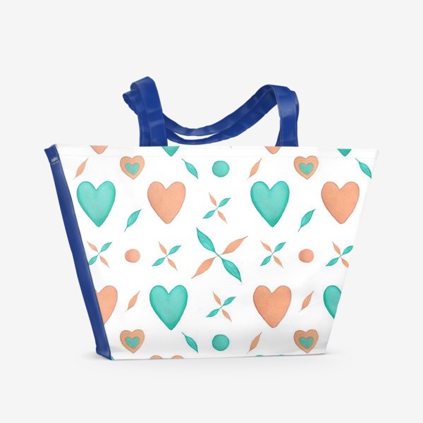 Пляжная сумка &laquo;Мятные и персиковые сердца на белом фоне Паттерн Узор листья&raquo;