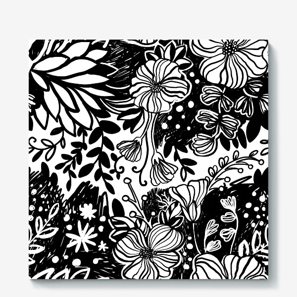 Холст «Тропические цветы чёрные на белом 2»