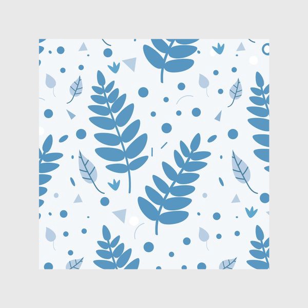 Шторы «Листья, веточки, кружочки, треугольники. Бело-голубой ботанический узор в скандинавском стиле»
