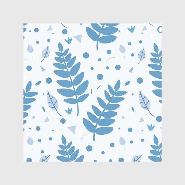 Скатерть «Листья, веточки, кружочки, треугольники. Бело-голубой ботанический узор в скандинавском стиле»