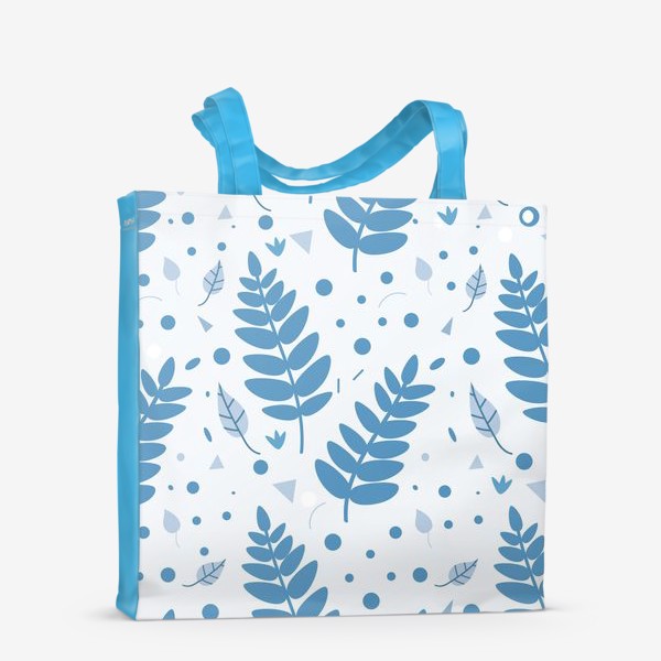 Сумка-шоппер «Листья, веточки, кружочки, треугольники. Бело-голубой ботанический узор в скандинавском стиле»