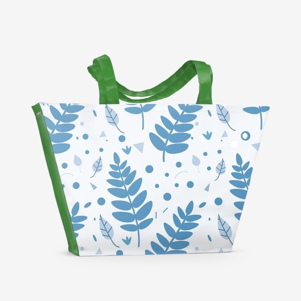 Пляжная сумка «Листья, веточки, кружочки, треугольники. Бело-голубой ботанический узор в скандинавском стиле»
