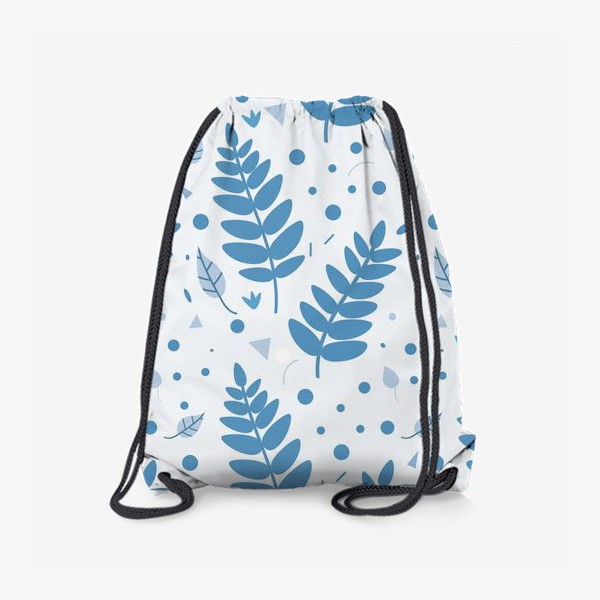 Рюкзак «Листья, веточки, кружочки, треугольники. Бело-голубой ботанический узор в скандинавском стиле»