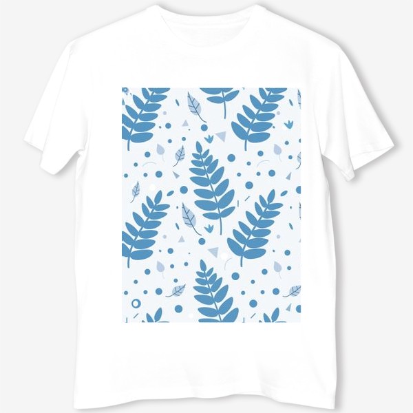 Футболка «Листья, веточки, кружочки, треугольники. Бело-голубой ботанический узор в скандинавском стиле»